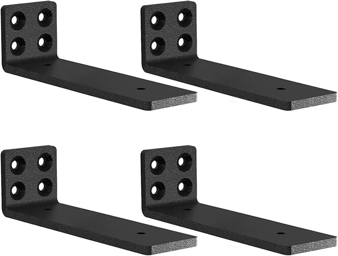 MLOQI 4 Pack Floating Shelf Bracket Heavy Duty, Hidden Shelf Brackets 5mm Thick L Brackets for Shelves up to 50 KG (Black 20cm)
