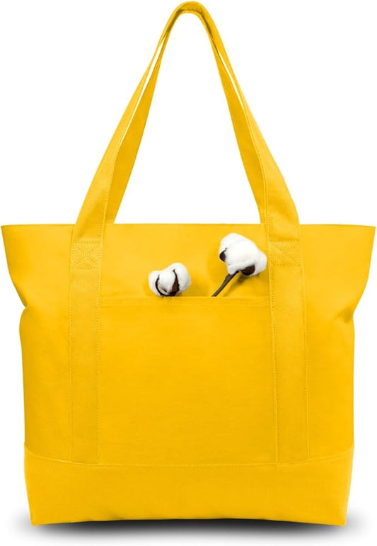 TOPDesign 3-Pack Canvas Tote Bags with an External Pocket, Reusable Grocery Shopping Bags, Top Zipper Closure, Daily Essentials (Yellow)
