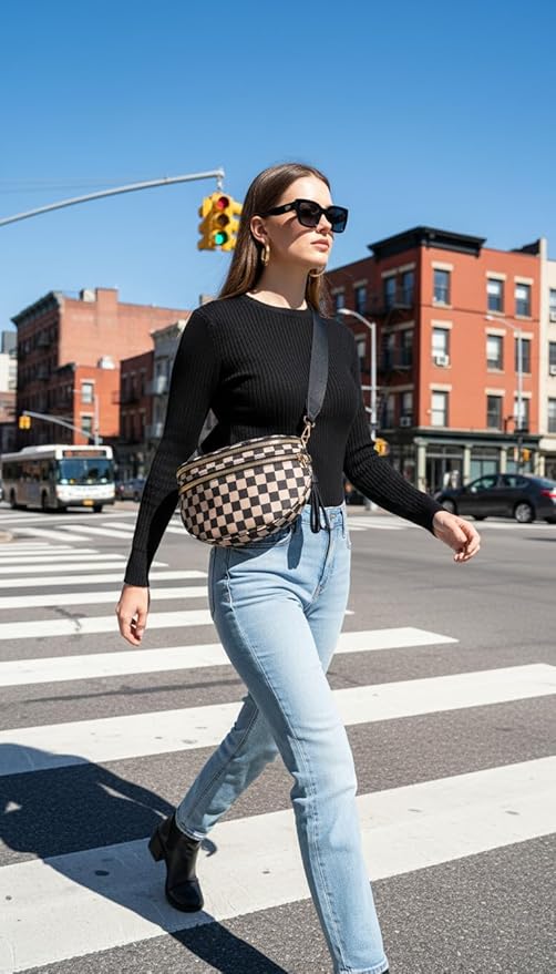 Checkered Crossbody Bag Bum Bag for Women, Spacious Sling & Stylish Bum Bag for Travel, Concerts, Festivals, Nylon Fanny Pack Belt Bag
