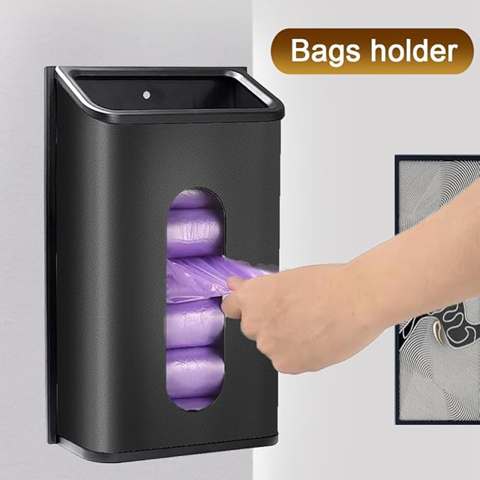 Plastic Bags Holder Grocery Dispenser for Kitchen Trash Bag Storage with Stainless Steel Front, Wall Mounted with Extra Wide Easy Access Openings (Black)