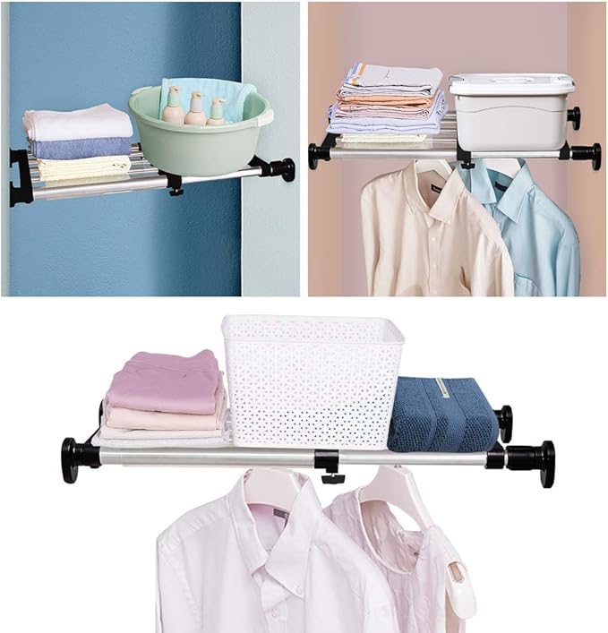 BAOYOUNI Expandable Closet Shelf Tension Rod Clothes Hanger Storage Rack Adjustable DIY Shelving Unit Cabinet Kitchen Bathroom Divider Separator Organizer, Black