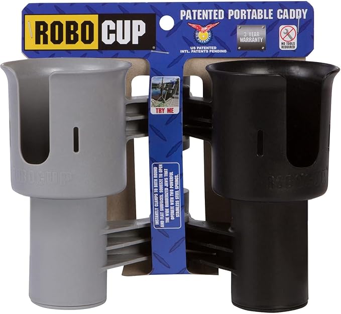 ROBOCUP, (Black&Gray), Patented Clamp On Boat Cup Holder | Multifunction Dual Drink Caddy for Fishing Poles, Tools, Net, Gaff | Portable Storage for Boating, Beach, Umbrellas, Golf Carts, Strollers