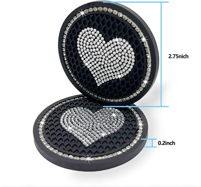 Car Coasters for Cup Holders, 2.75 Inch Auto Cup Holder Insert Coasters Silicone Anti-Slip Crystal Rhinestone Cute Drink Car Cup Mat, 4PSC Bling Car Accessories for Women & Lady (Heart Black)