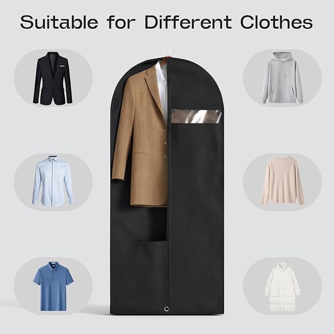 3 Pack Heavy Duty Garment Bags for Travel Suit Bags, Dress Bags, Garment Bags for Hanging Clothes with Pockets Men's Suit Holder for Shirts, Coats, Dresses (Black, 3Pack 60")