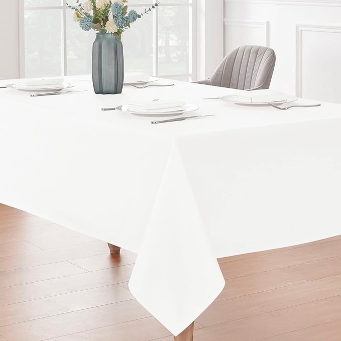 Rectangle 4 Feet Tablecloth 60x84 inch Linen Textured Table Cloth Stain and Wrinkle Resistant Washable Polyester, Decorative Table Cover Waterproof for Dining, Buffet and Camping, White