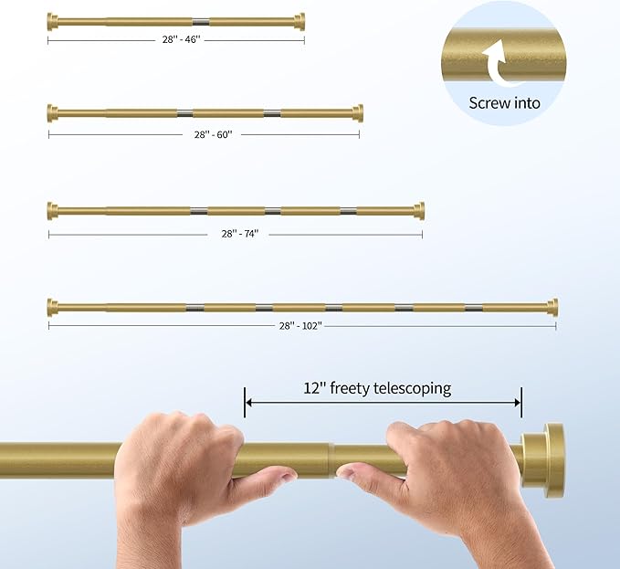 Mcrbeay Shower Curtain Rod, 1" Diameter Heavy Duty Tension Shower Rod, Non Slip Adjustable 28-74 inch No Drilling Shower Curtain Rods Spring Tension For Bathroom, Shower Stall, No Rust, Chrome Gold