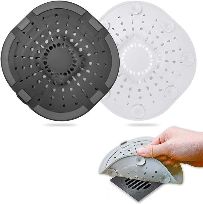 Hair Drain Catcher, Square Drain Cover for Shower, Strong Adhesion Silicone Hair Stopper with Suction Cup, Easy to Install, Suitable for Bathroom, Bathtub, Kitchen, 2 Pack (Jet Black & White)