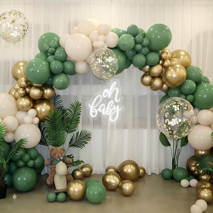 MEBAY Sage Green White Gold Balloon Arch Kit, 166Pcs Sage Green White Sand Gold Metallic and Gold Confetti Balloons Garland for Baby Shower Gender Reveal Wedding Jungle Safari Party Decoration