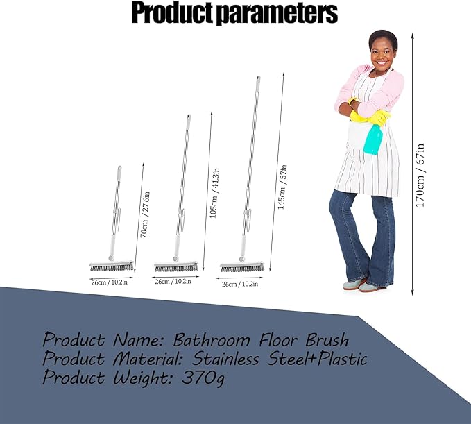 Floor Scrubbing Brush with 57" Adjustable Long Handle,3 in 1 Living Grout Brush with Squeegee,V-Shape Stiff Brush Bristle,Heavy Duty Bathroom Cleaning Brush for Tile,Deck,Patio,Wall,Garage,Kitchen
