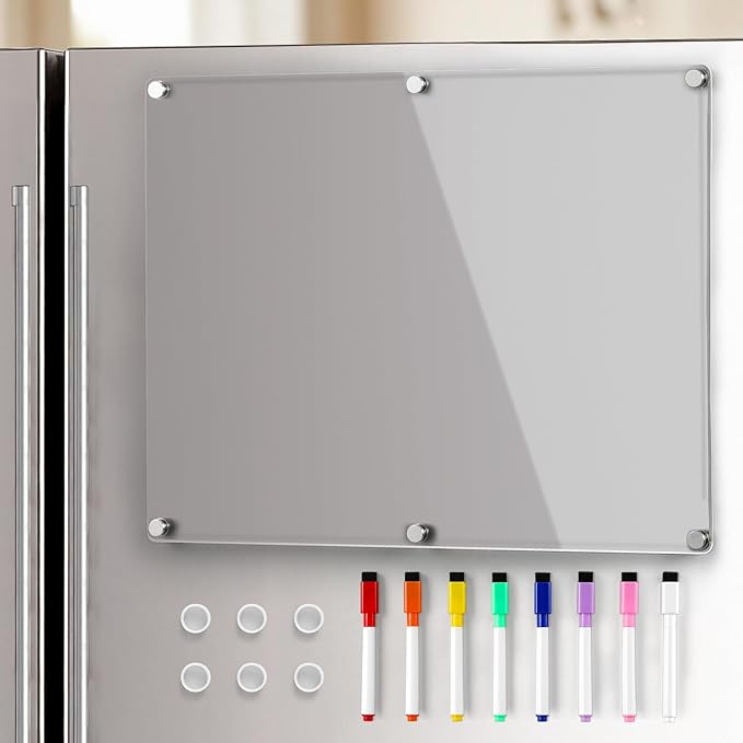 Acrylic Magnetic Whiteboard for Fridge, Clear Dry Erase Memo Board for Refrigerator with 8 Markers, Magnetic Planning Menu Board for to Do List/Shopping List, Meal Planner for Kitchen, 14.5 * 11.5''