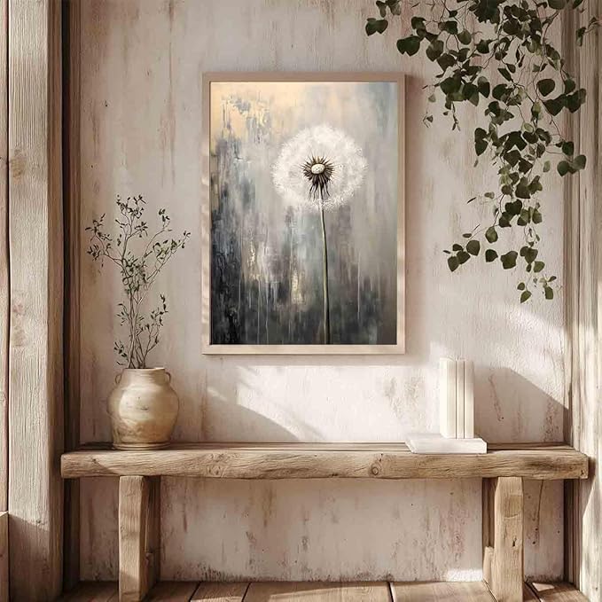 Dandelion Picture Gray White Wall Art Abstract Flower Canvas White Flower Painting Farmhouse Floral Picture Gray Gold Painting Rustic Floral Prints Black Gold Pictures Room Decor 16x24inch No Frame