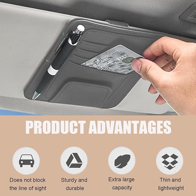 Augeny 2 PCS Car Sun Visor Organizer, Small Auto Visor Organizer and Storage, Registration and Document Holder for Sunglasses, Card, Pen, Driver License, Car Accessories (Gray)