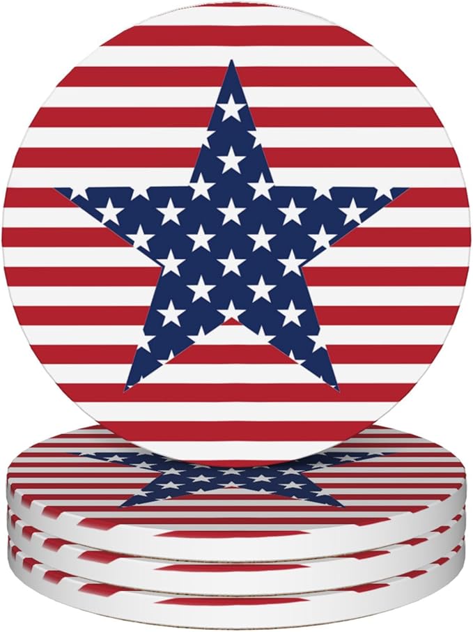 American Stars & Stripes Coasters Set of 4, Round 4" Absorbent Ceramic Stone Coasters with Cork Base, Ideal Table Home Decor & Gifts