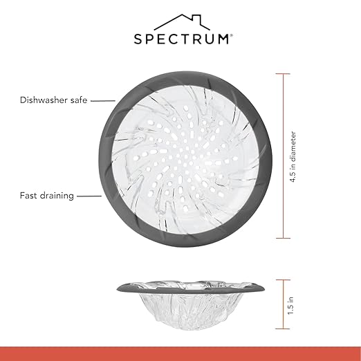 Spectrum Cora Kitchen Sink Drain Strainer for Food Debris Waste, Plastic Spiral Sink Drain Stopper Cover Catcher Filter Food Hair Prevents Drain Clogging in Sinks Showers Baths 4.5 Inch, Gray & Clear