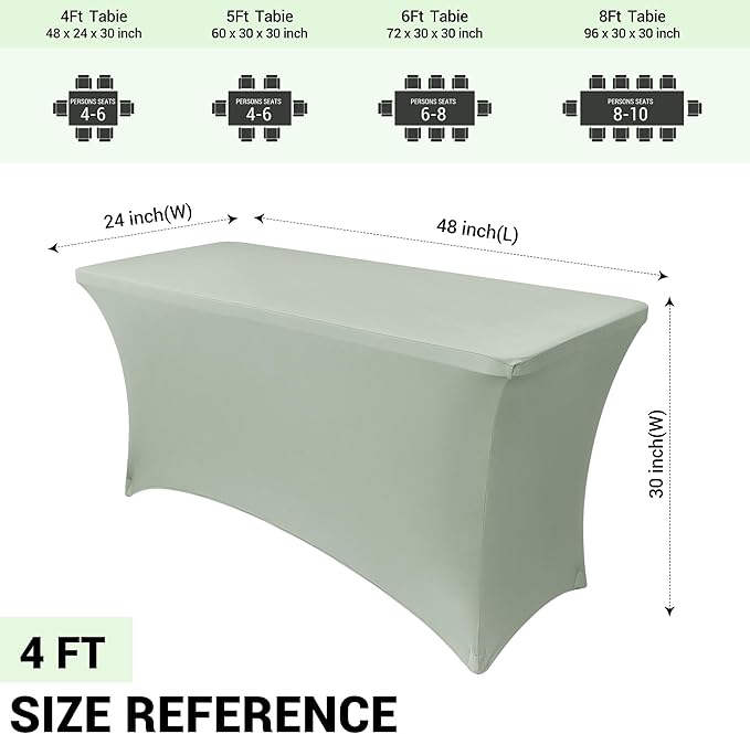 Obstal 2PC Sage Green Tablecloth - 4ft Rectangle Spandex Table Cover for Party, Events, Banquets & Weddings, Machine Washable