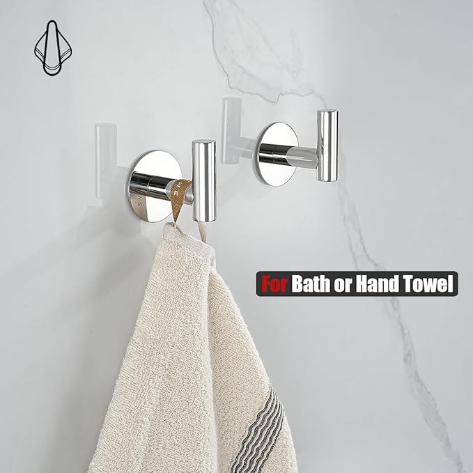 JQK Self Adhesive Towel Hook Chrome, No Drill Stick on Coat Robe Clothes Wall Hook for Bathroom Kitchen Garage 4 Pack, 304 Stainless Steel Polished Steel, ATH110-CH-P4