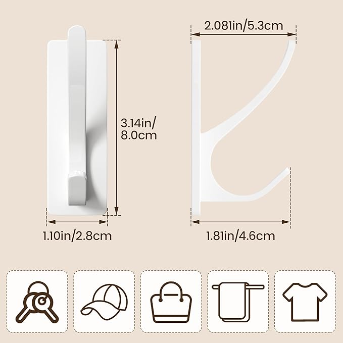 pickpiff Self Adhesive Coat Hooks for Hanging: Heavy Duty Stainless Wall Hook for Towel, Utensil, Backpack, Hat, Sturdy Metal Hanger for Bathroom, Kitchen, Door, 6 Pack, White
