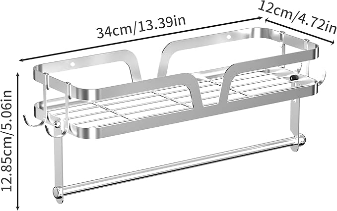 YIGII Garage Paper Towel Holder with Shelf, 2-in-1 Wall Mounted Shop Paper Towel Roll Holder, Stainless Steel Adhesive Spice Rack with 4 Hooks for Kitchen and Tool Room, Silver
