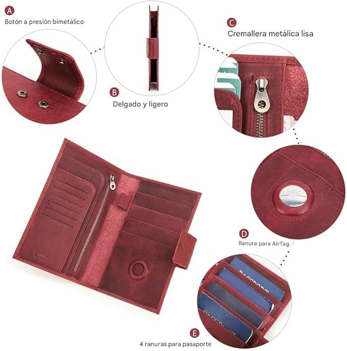 CONTACTS Full Grain Leather Family Passport Holder for 4 Women Airtag Passport Wallet RFID Blocking Travel Passport Cover with 4 Passport Slots, 6 Card Slots (Red)