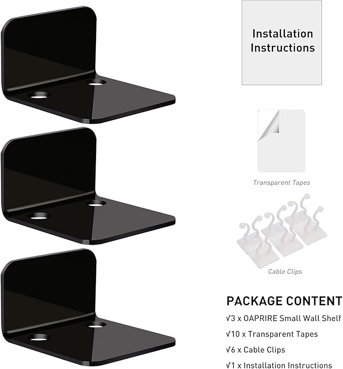 OAPRIRE Acrylic Floating Wall Shelves Set of 3, Drill Free with10 Piece Strong Tapes - Universal Small Adhesive Shelf for Security Cameras, Baby Monitors with Cable Clips (Black)