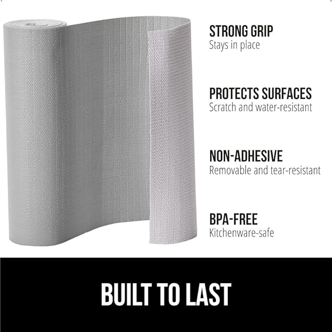 GORILLA GRIP DripGuard Shelf Liner, Non-Adhesive Drawer and Kitchen Cabinet Protector, Strong Grip Slip Resistant Underside, Smooth Surface Liners for Cabinets, Bathroom Closets 17.5x240 In Light Gray