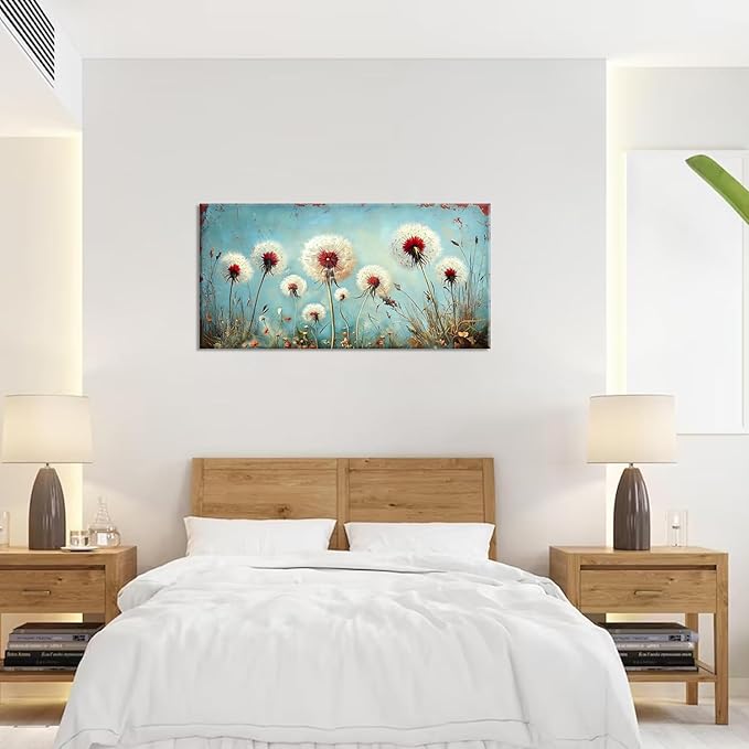 ZESTRILIA Dandelions Wall Art Retro Canvas Prints Modern Rustic Canvas Paintings Waterproof Artwork Landscape Picture for Country Farmhouse Living Room Bedroom Home Office Kitchen Décor (28x58inch)