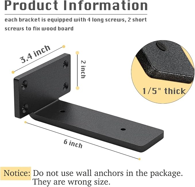 4 Pack Shelf Brackets 6 Inch Floating Shelf Bracket 1/5 inch Thick Heavy Duty Hidden Shelf Brackets Iron Metal Brackets for Shelf Support with Screw Included