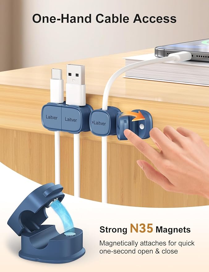 6 Pack Magnetic Cable Clips [1s Open/Lock], Laitver Cord Organizer Holder Strong Adhesive Desk Cable Management- Organize Charging Cords Neatly for Home, Office, Car,Desk, Nightstand-Porcelain Blue
