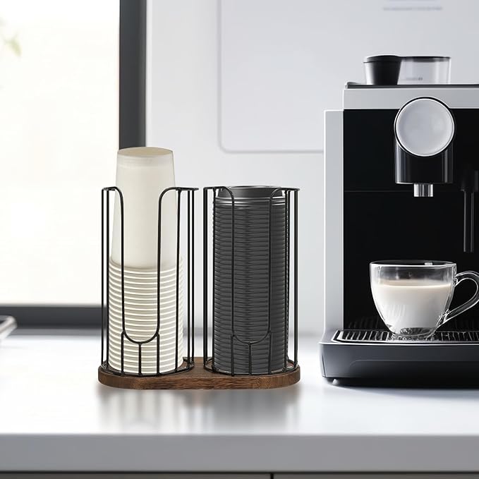 2-Compartment 18oz Coffee Cup Dispenser Rack with Wood Base, Disposable Cup, and Lid Organizer for Countertop - Perfect for Paper Cups and Lid Organizer
