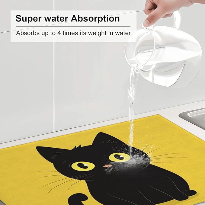 Cat Dish Drying Mat for Kitchen Counter Decor 18x24 Inch Floral Absorbent Reversible Microfiber Dish Drying Pad Flower Dish Drainer Rack Mats for Coffee Bar