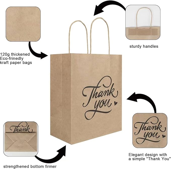 bagmad 100 Pack 8x4.75x10 Inch Medium Brown Paper Gift Bags with Handles Bulk, Thank You Kraft Paper Bags for Party Favors Grocery Retail Shopping Wedding Craft Sacks (Plain Natural, 100pcs Count)