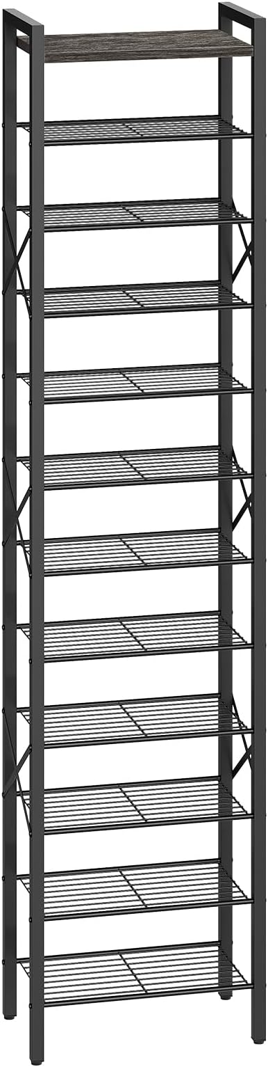 12-Tier Narrow Shoe Rack, Tall Shoe Rack for 12-24 Pairs, Slim Shoe Storage Organizer with Wooden Top, Space Saving, Metal Frame, for Entryway, Charcoal and Black SS61BC