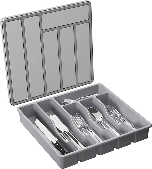 Lifewit Silverware Organizer with Lid, Covered Utensil Tray for Kitchen Drawer and Countertop, Plastic Cutlery and Flatware Storage Box for Spoons Forks Knives Holder Case, 12.6x11.8", Gray