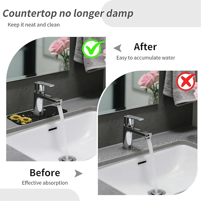 Kitchen Sink Splash Guard，sunflowers-and bees- Faucet Mat Sink Gadgets-Super Absorbent Fast Drying Mat Drip Catcher for Kitchen, Bathroom,Sink Mat, Dish Drying Mat, Bathroom(15" X 5.5" )