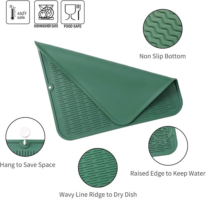 MicoYang Silicone Dish Drying Mat for Multiple Usage,Easy clean,Eco-friendly,Heat-resistant Silicone Mat for Kitchen Counter or Sink,Refrigerator or Drawer Liner Green 2XL 24 inches x 18 inches