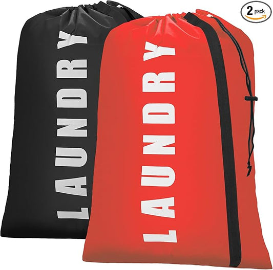 Isink Heavy Duty Laundry Bag with Strap,2 Pack Travel Laundry Bags for Dirty Clothes,24" x 36" Large Laundry Bag for Traveling,Camping,Dorm (Black + Red)