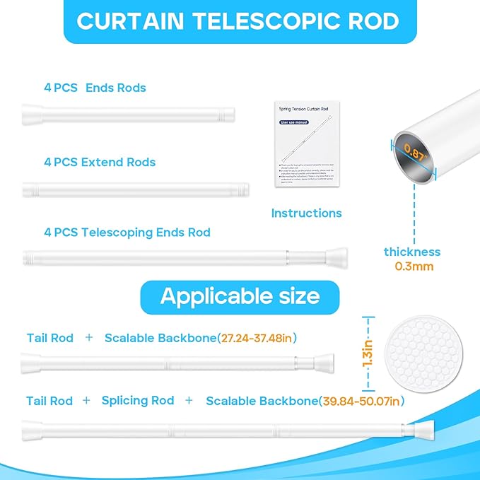 4 Pack White Tension Curtain Rod for Windows 28 to 48 inch, Adjustable Expandable Pressure Spring Curtain Rod No Drilling, 7/8" Curtain Rod for Bedroom Doorway Closet Door