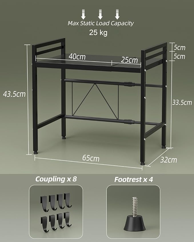 NETEL 2 Pcs Expandable Microwave Stand, 2-Tier Metal Kitchen Countertop Organizer Shelves with 8 Hooks, Bakers Rack, Microwave Shelf, Microwave Oven Rack, 55lbs Weight Capacity