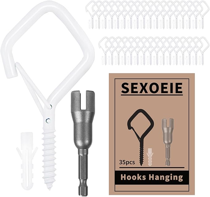 35PCS Eye Screw Hooks for Hanging Heavy Duty with Safety Buckle. Metal Ceiling Hooks for Hanging Plants, Cup, Wind Chime, Bird Feeders, String Lights at Indoor & Outdoor, 2.36 Inches White