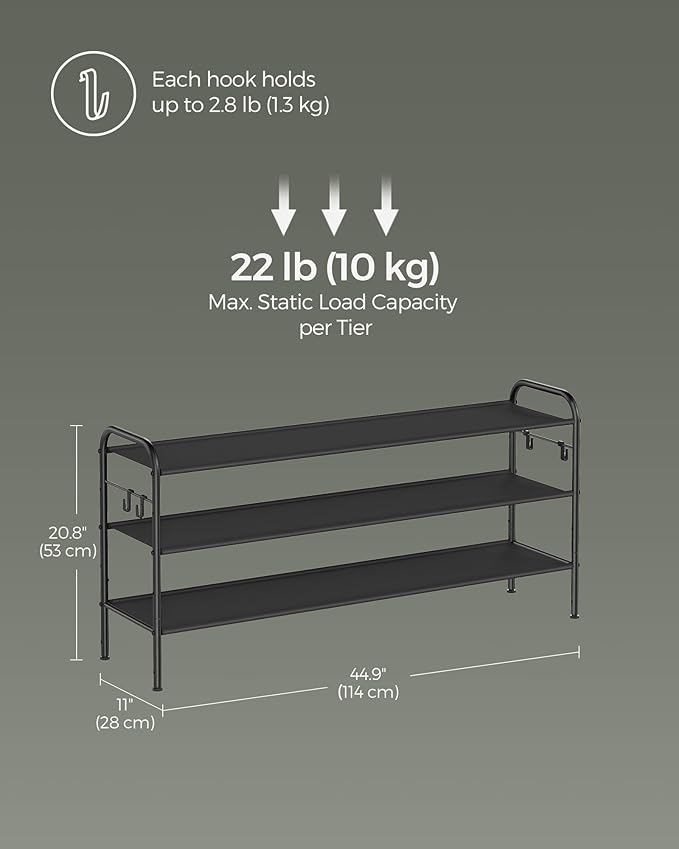 SONGMICS Shoe Rack, 3-Tier Shoe Organizer, Fabric Shoe Shelf Storage with 4 Hooks, Holds up to 18 Pairs of Shoes, Height-Adjustable Shoe Rack for Entryway, Hallway, Closet, Easy Assembly, Ink Black