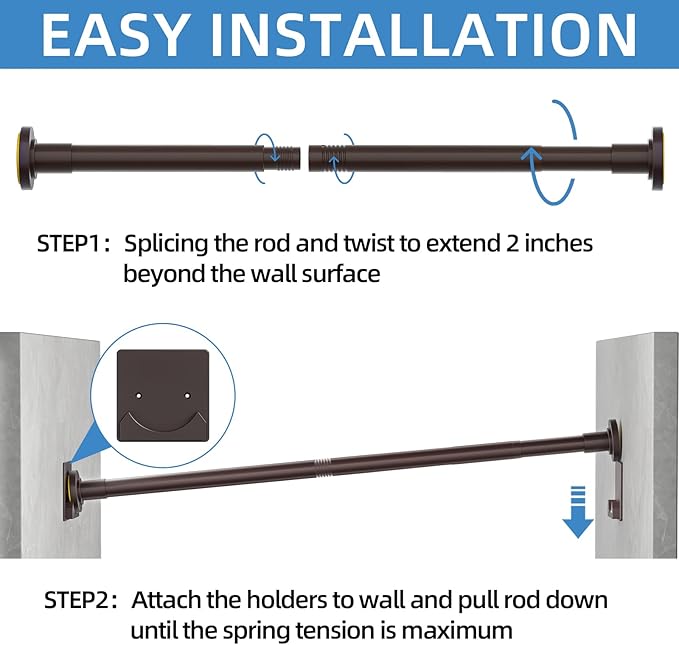 CorkLatta Matte Bronze Shower Curtain Rod,1 Inch Diameter Stainless Steel Adjustable Spring Tension Rods 32 to 68",with Holders,Anti-Slip,Curtain Rods No Drilling(1 Pack)
