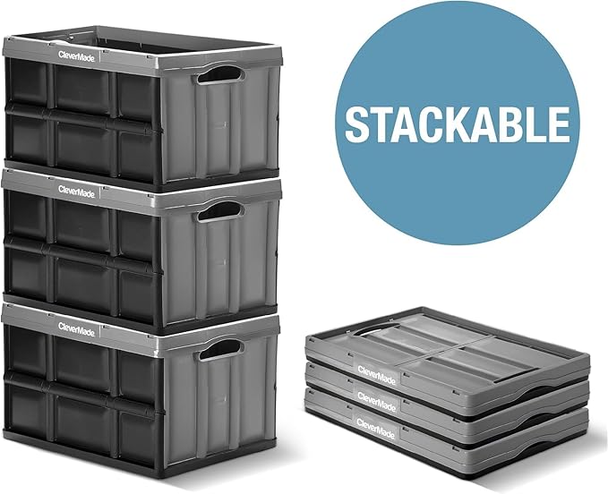CleverMade Collapsible Storage Bins - Ocean 3 Pack 62L / 16 Gal holds 100 lbs - Stackable Containers Heavy Duty Capacity Crates-Space-Saving