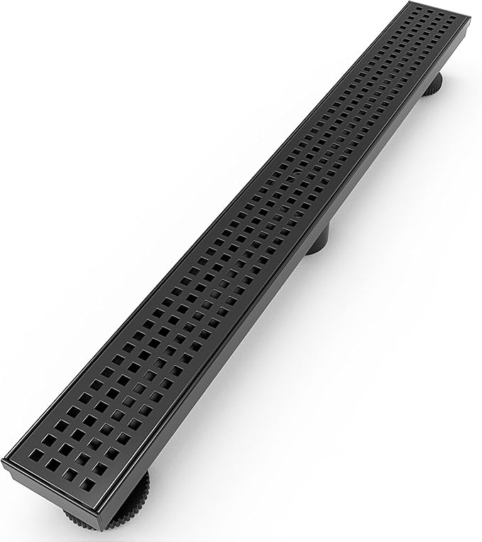 WEBANG 32 Inch Linear Shower Drain Rectangular Floor Drain with Accessories Square Hole Pattern Cover Grate Removable SUS304 Stainless Steel CUPC Certified Matte Black