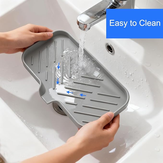 Sponge Holder for Kitchen Sink, Silicone Sponge Dish Tray with Drain Spout, Soap Dispenser Holder for Shower Bathroom (Grey, 9.8" x 4.9")