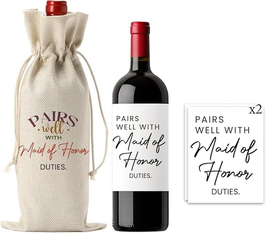 Matron of Honor Proposal Gifts Wedding Day Essentials Bridesmaid Duties Wedding Wine Bag with 2pcs Wine Labels
