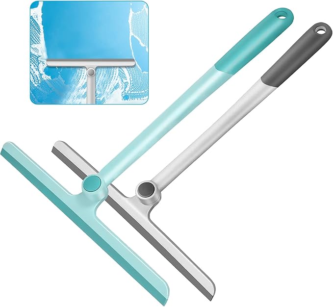 WONDAY Shower Squeegee for Glass Doors, 12" Long Handle Window Squeegee Cleaning Tool, Streak-Free Silicone Blade for Bathroom Mirror, High Windows, Car Windshield (2 Pack, Grey+Green)