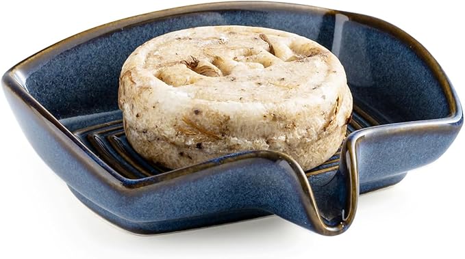 Ceramic Soap Dish, Bar Soap Holder with Drain Spout, Self-Draining Soap Saver for Shower, Bathroom, Kitchen Sink, Bathtub, Keeps Soap Dry, Blue