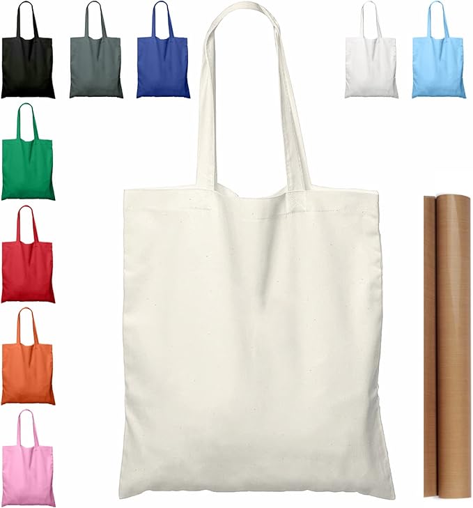 NPBAG 5 | 12 | 15 | 25 | 50 Pack 15'' X 16'' Natural Cotton Tote Bags, Lightweight Blank Bulk Cloth bags with 1pc of PTFE Teflon Sheet (12-Pack)