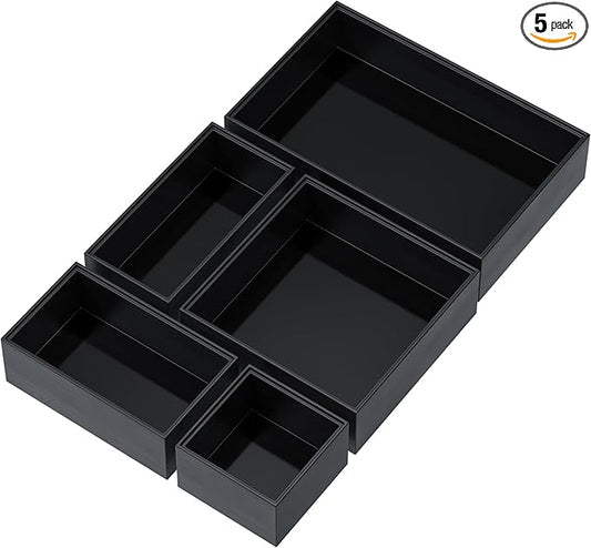 Greatseas Bamboo Drawer Organizer Set, 5 PCS Multi-use Varied Sizes Junk Drawer Organizer Kitchen Storage Box for Office, Home, Bedroom, Bathroom, Black