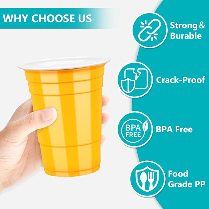 LANLISA 100 Yellow Plastic Cups, 16 oz Disposable Cups, Drinking Cups For Party Supplies